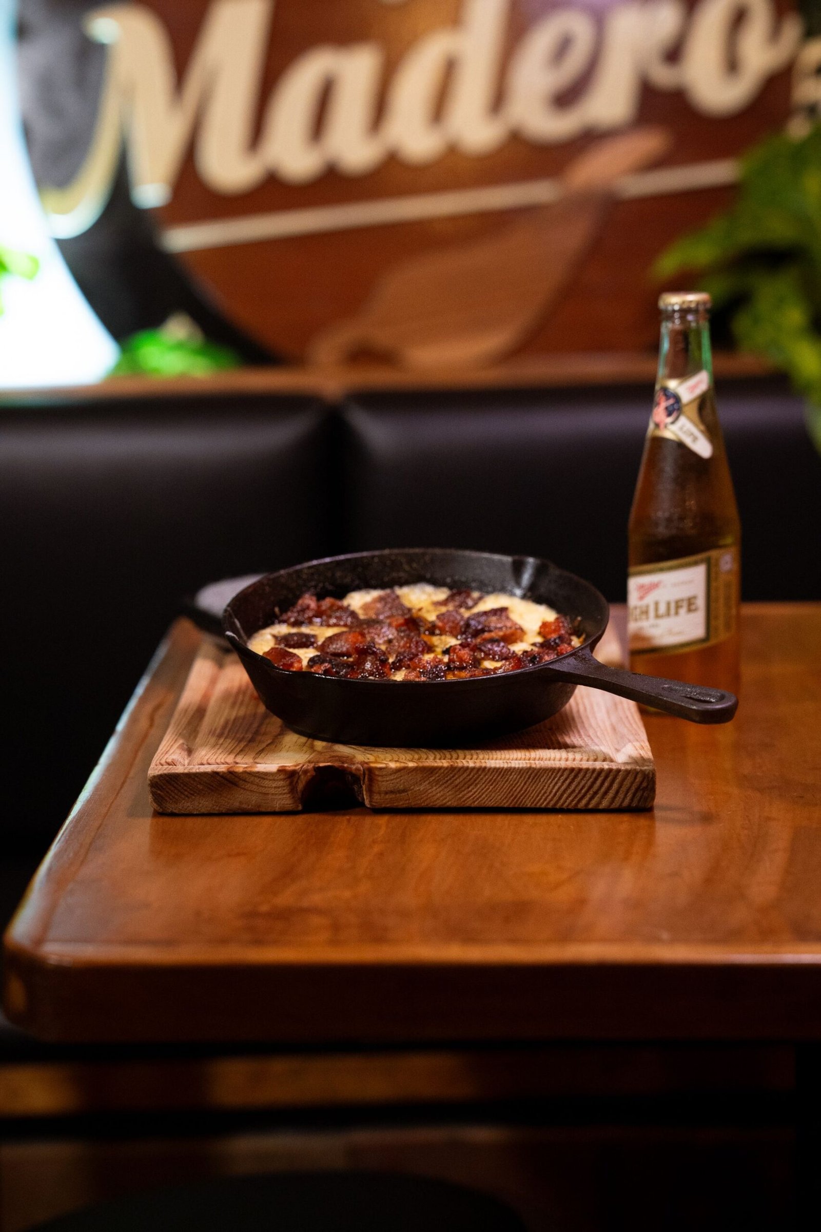 Cast Iron Skillet Pizza with Beer at Rustic Cafe