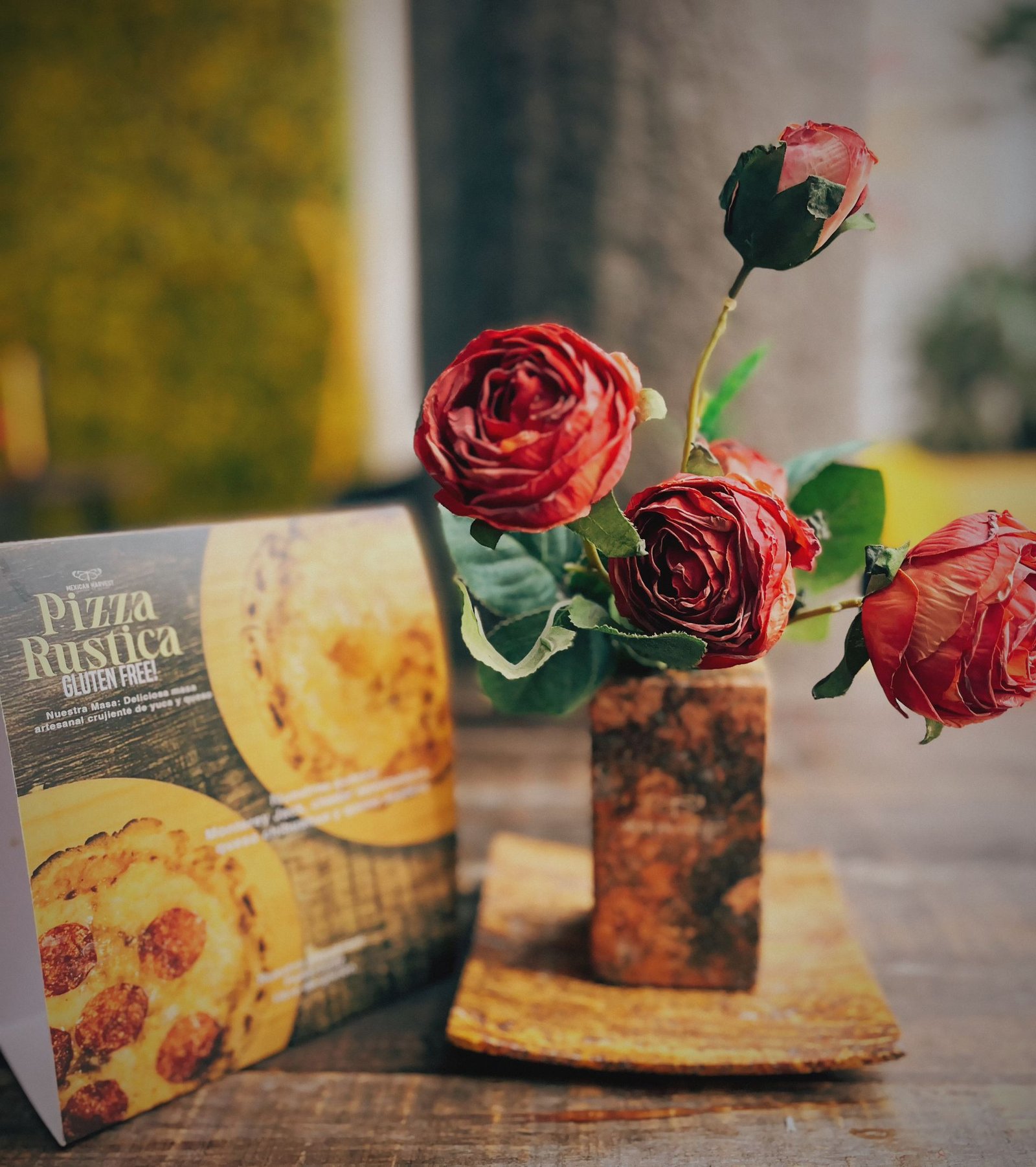Artistic Still Life with Red Roses and Pizza Menu