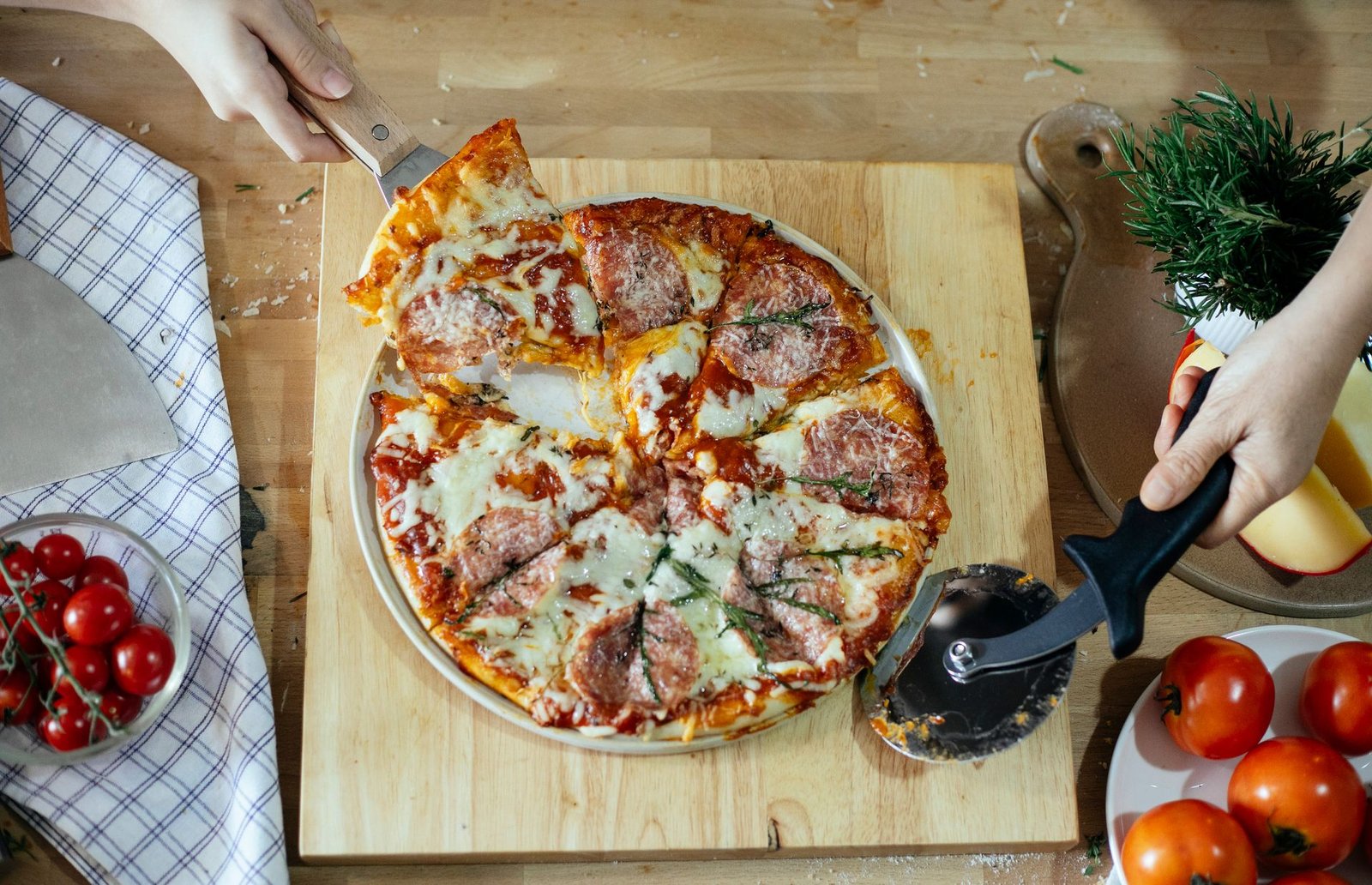 Delicious sliced pizza with melted cheese and salami
