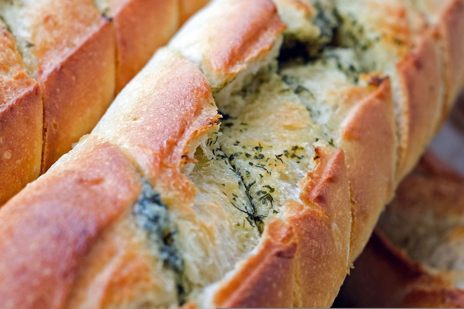Close-up of Freshly Baked Garlic Bread Loaves